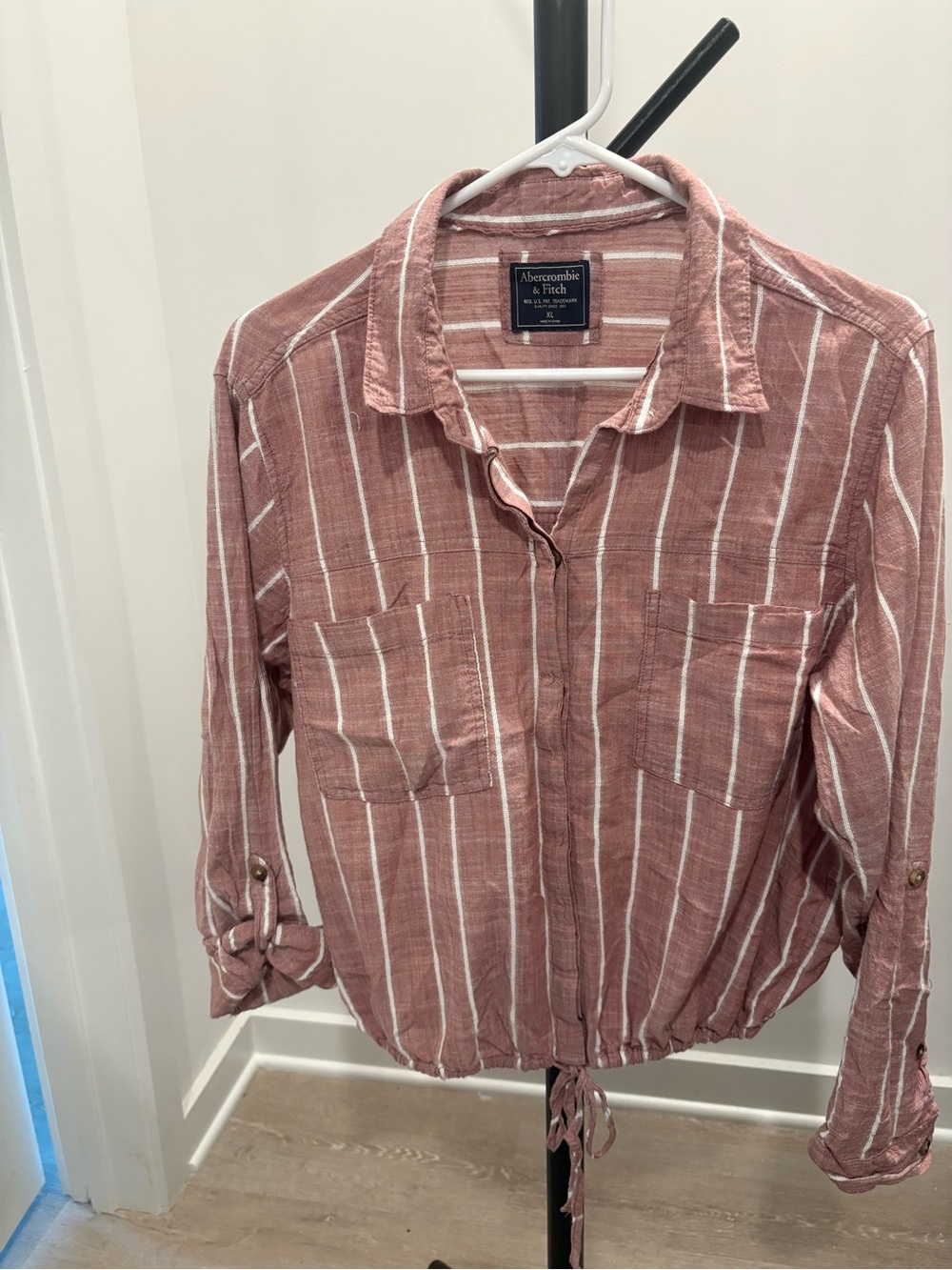 Abercrombie & Fitch Womens Striped Top Roll Tab Sleeve Pockets Drawstring Tie XL